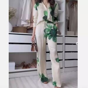 ZARA Co-ord Set Flowy Shirt & pajama Pants ZW Collection Floral Ecru/green Sz XL
